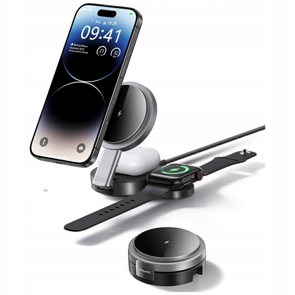 Usams Składana ład. indukcyjna 3w1 15W do telefonu/Apple Watch/słuchawek CD