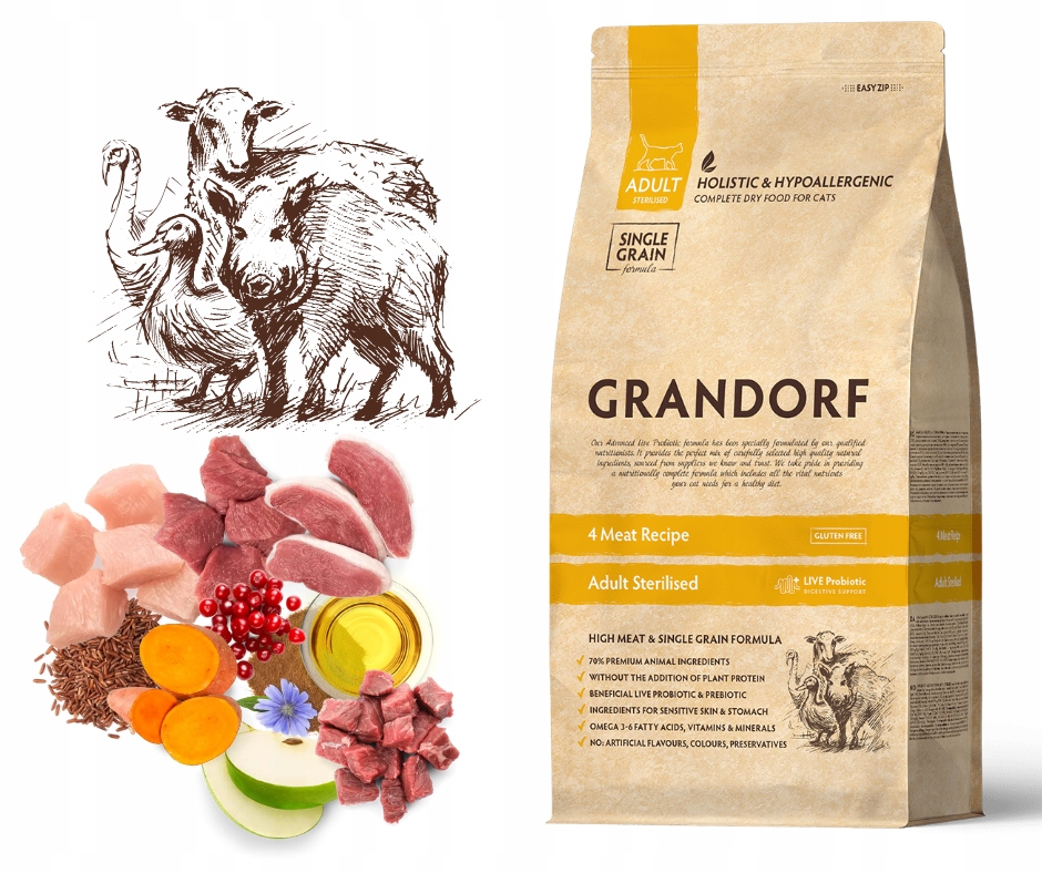 Grandorf 4 Meat Adult Sterilised 2kg Piłka Z Kocimietką