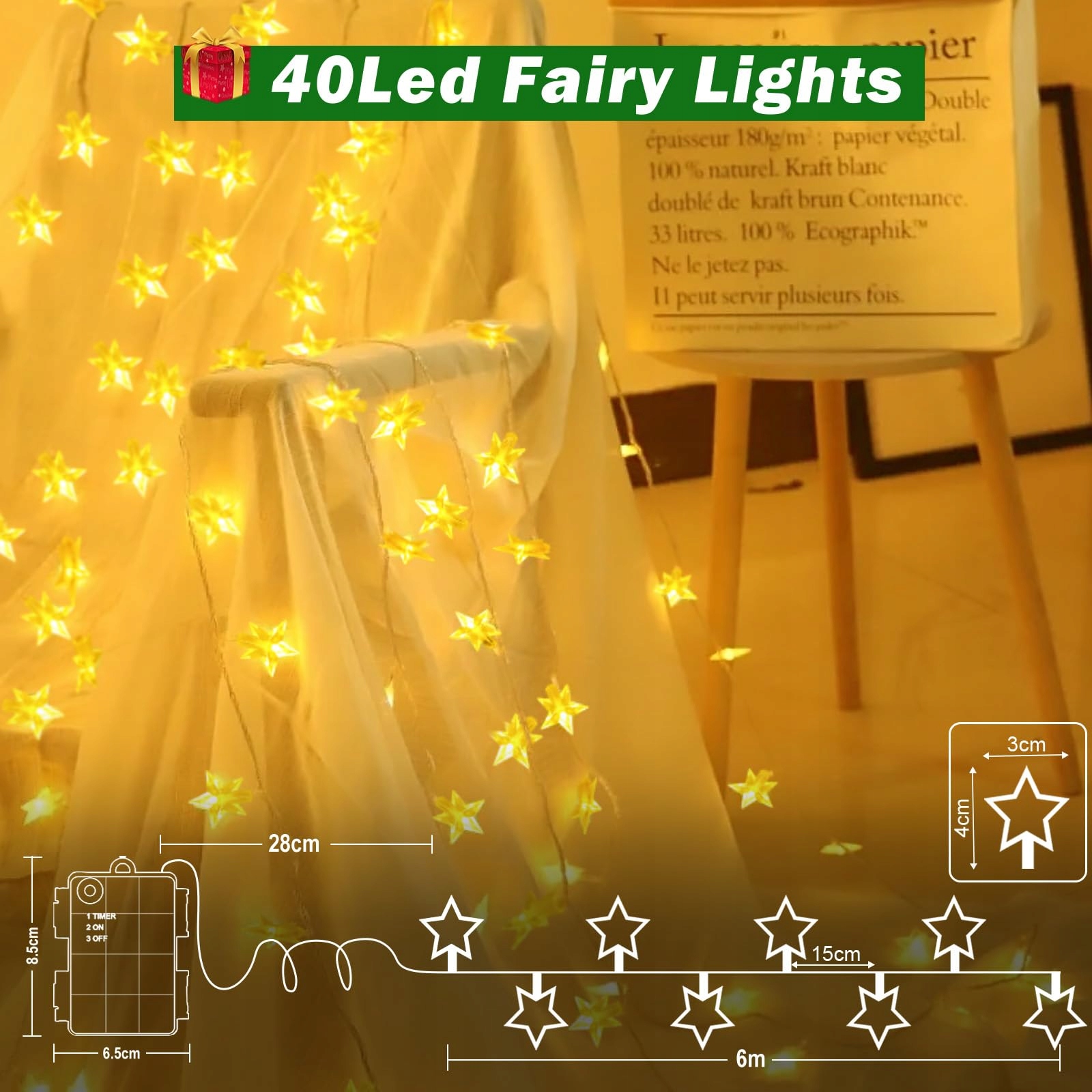 CSHARE Lampki Gwiazdki Na Baterie Światełka Świąteczne Girlanda 6M 40LED — miniatura 5