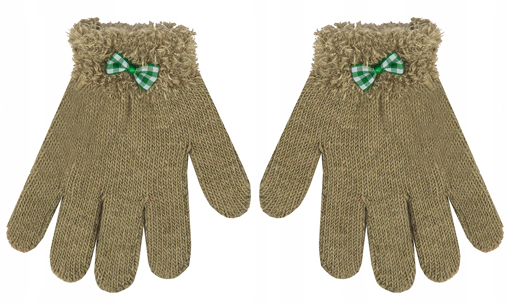 CIEPŁE RĘKAWICZKI DZIECIĘCE KOKARDKA FUTERKO 14CM