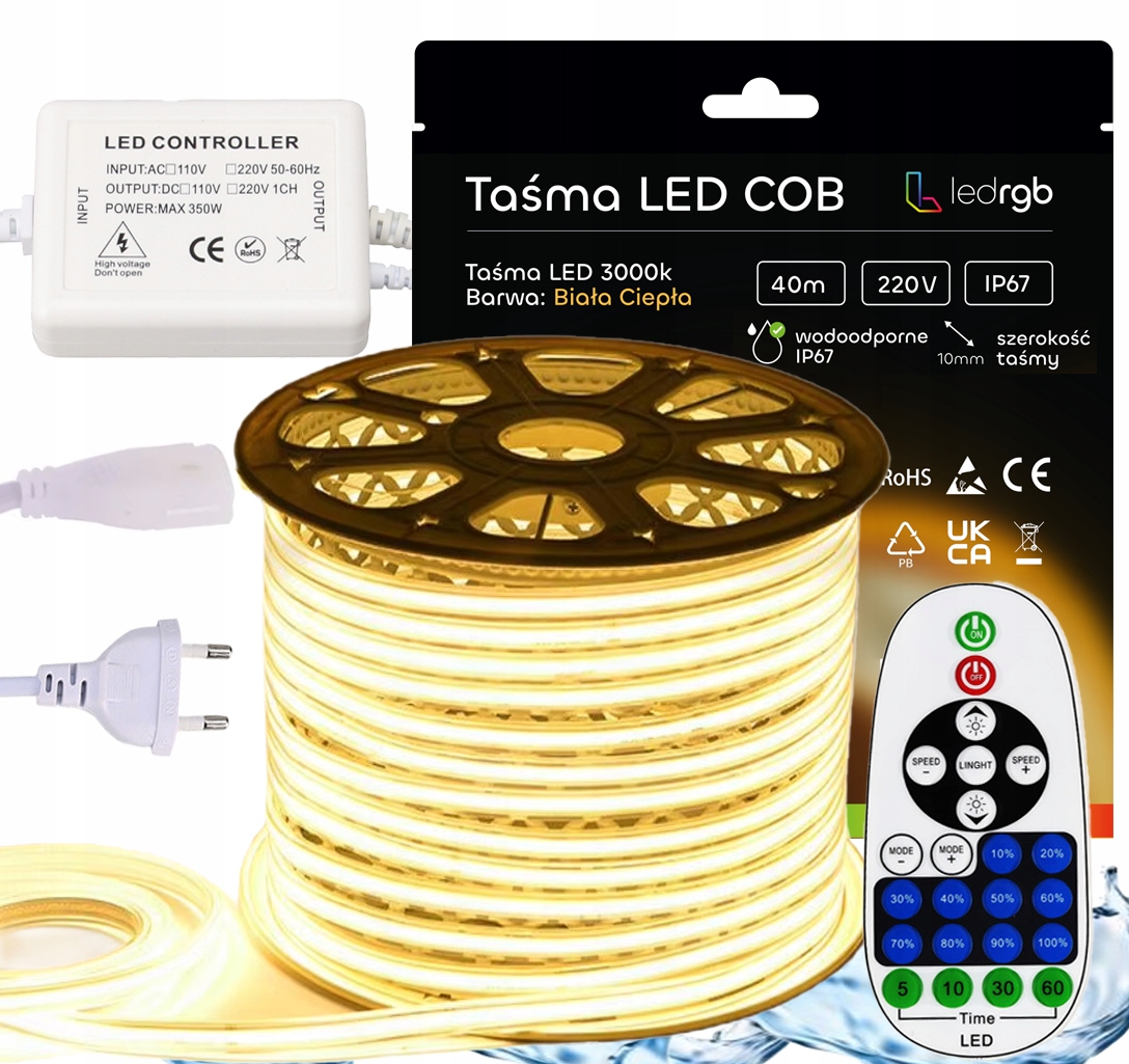 Set Led pásek Cob 230V 40 m 3000K Bílý Teplý Napájecí Zdroj Stmívač Dálkový Ovladač