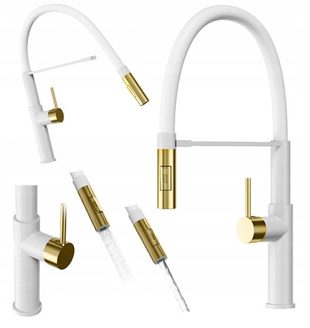 Kuchyňská Baterie Bílá, Flexibilní Výtok, Kartáčované Zlato, Kohoutek Soria