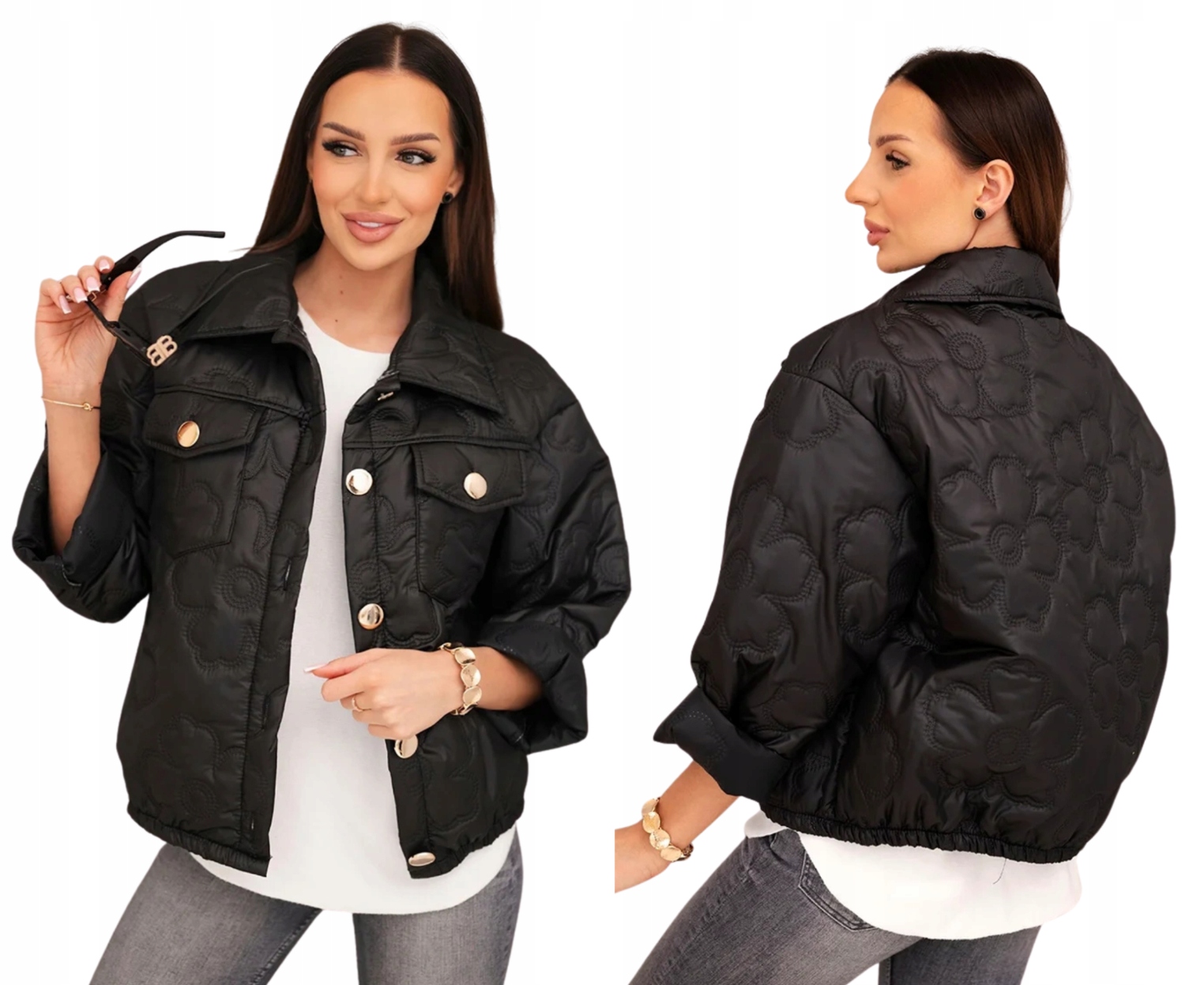 Černá dámská prošívaná bunda s ozdobnými knoflíky