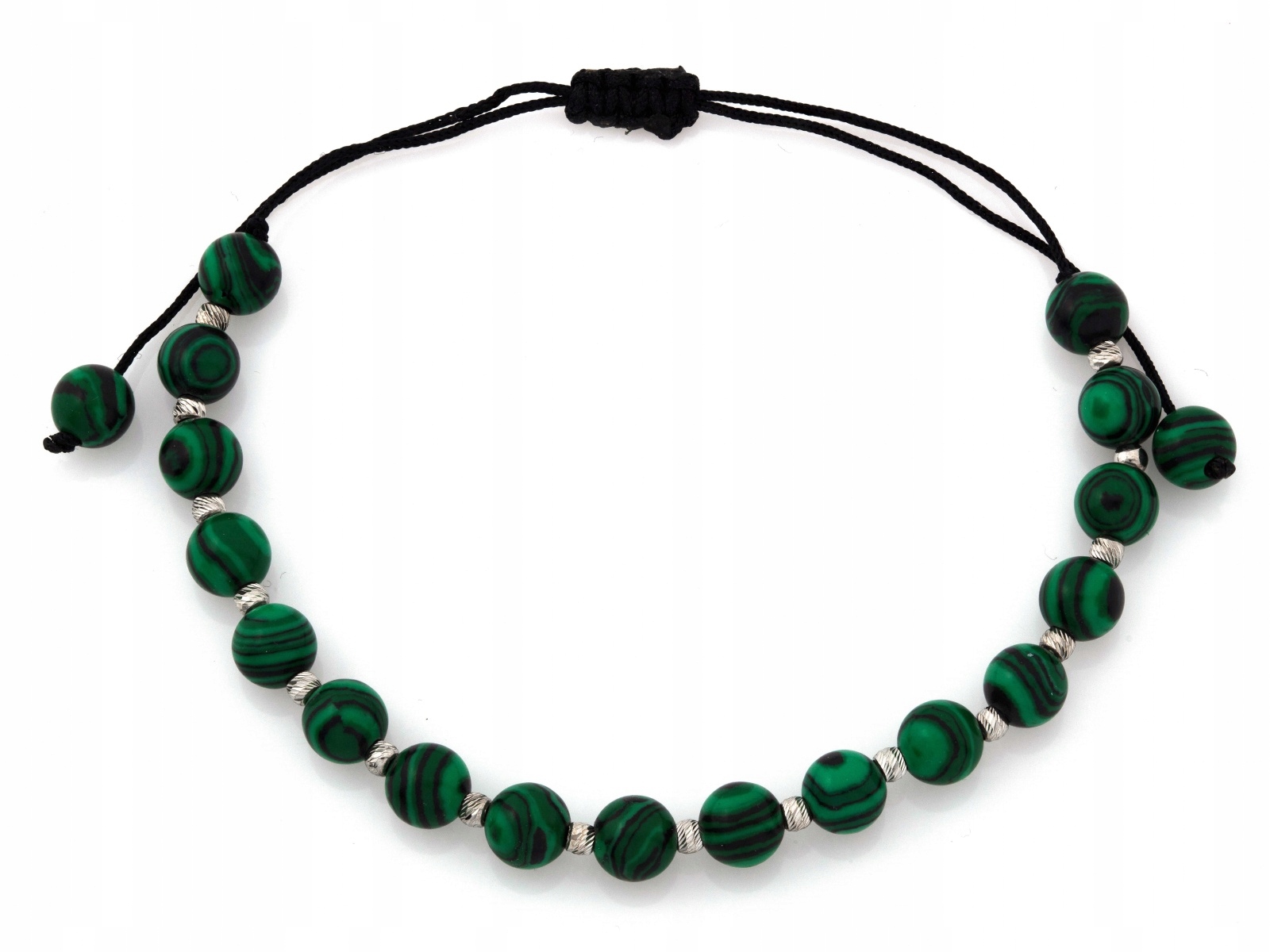 Stříbrný náramek 925 Kuličky gravírované a malachitové na černém provázku