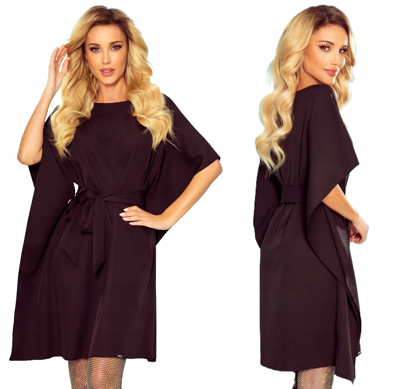 Volné Zavazovací Šaty Motýl Asymetrické Rukávy Černá S/m