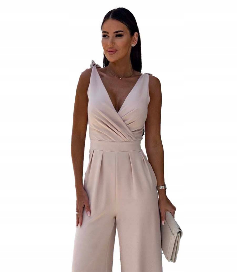 Beżowy KOMBINEZON DŁUGI ELEGANCKI Damski WIZYTOWY długa nogawka komplet Rodzaj elegancki