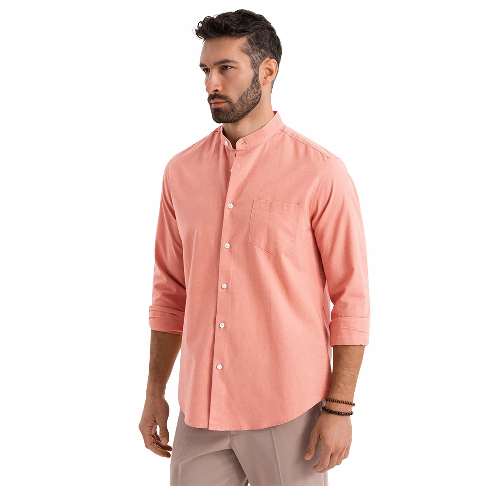 Męska koszula lniana casual regular fit stójka różowa OM-SHCS-0161 V1 r M