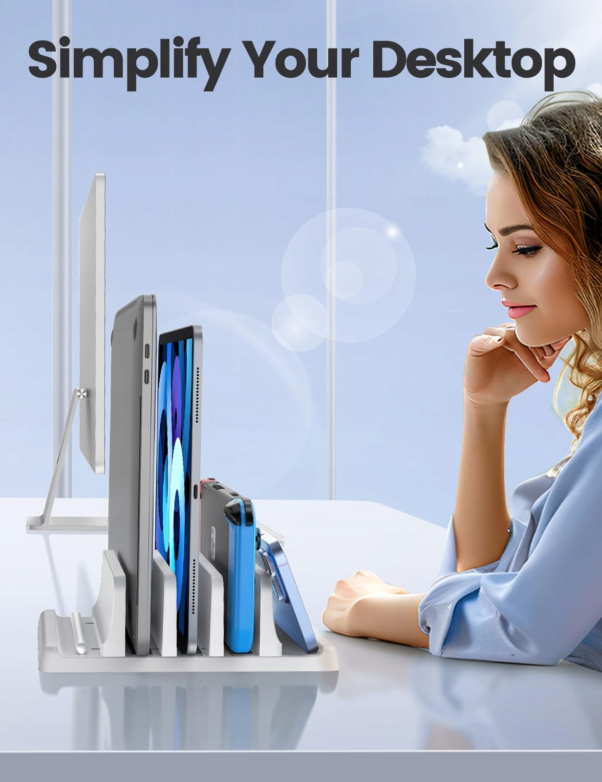VAYDEER Stojak Na Laptop 3 Sloty ABS Regulowany Organizer Biurkowy Biały — miniatura 6