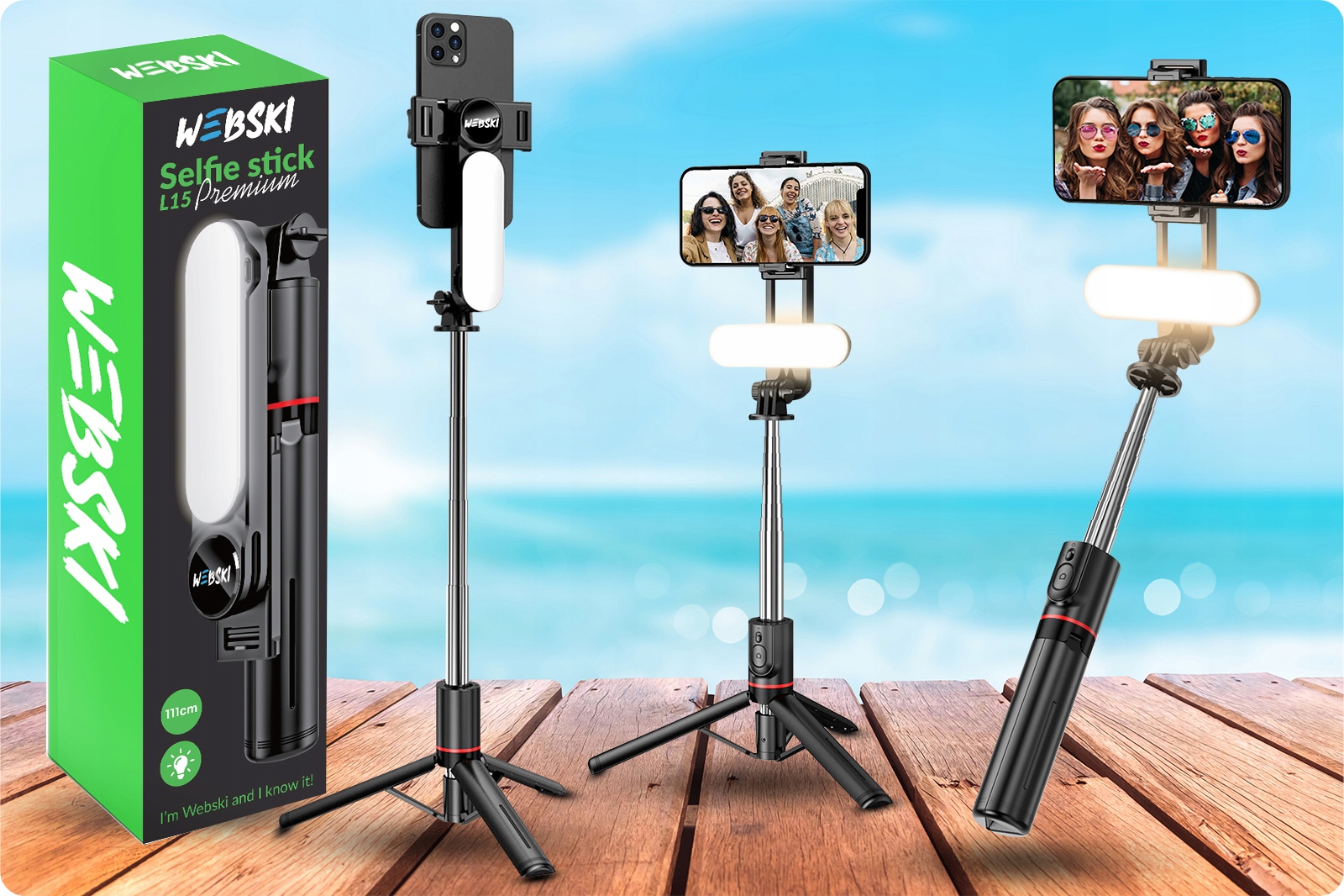 KIJ DO SELFIE MONOPOD z LAMPĄ LED 9 TRYBÓW ŚWIATŁA Mocowanie gwint 1/4