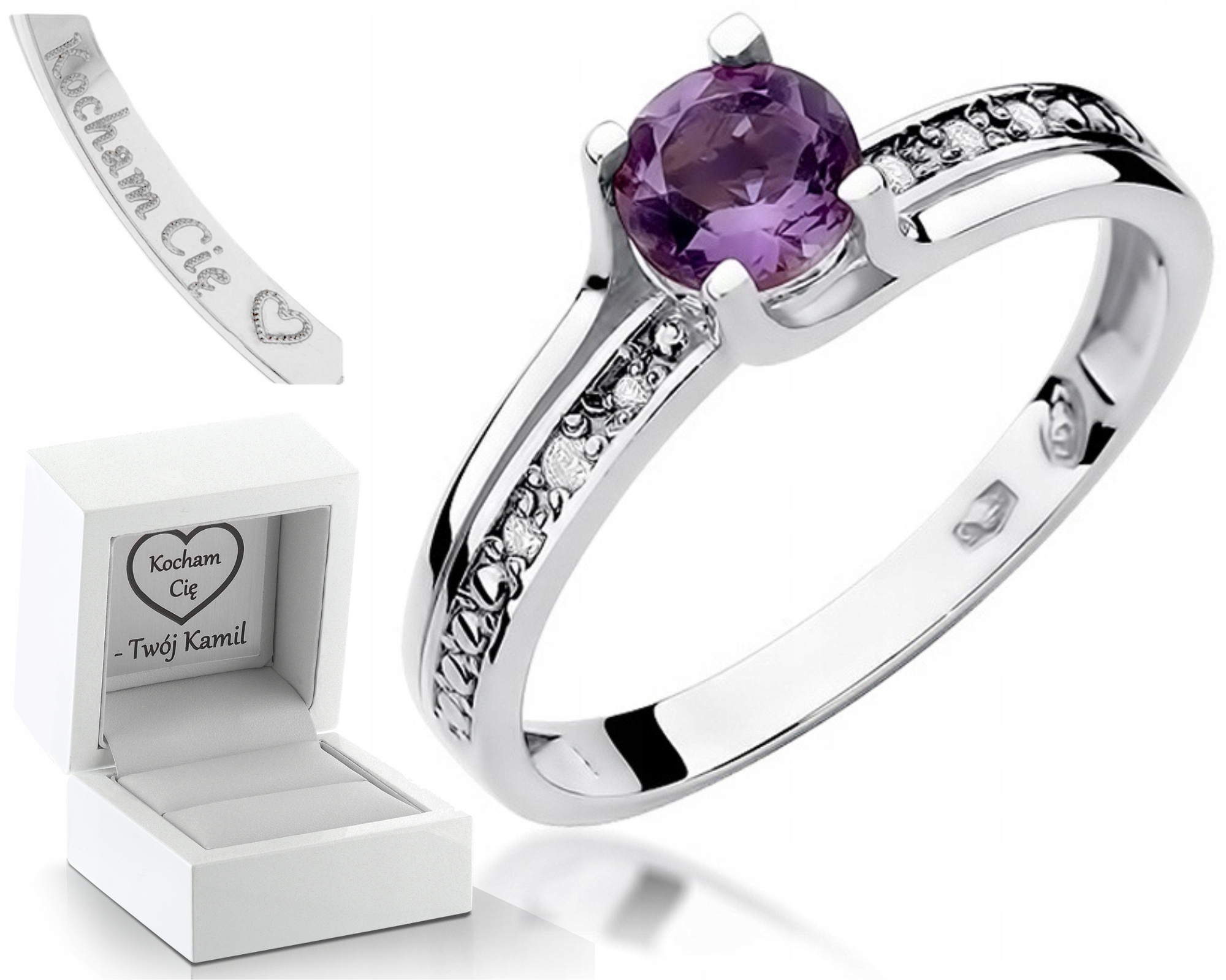 Prstýnek Ametyst Bílé Zlato Gravírování Bonus 585