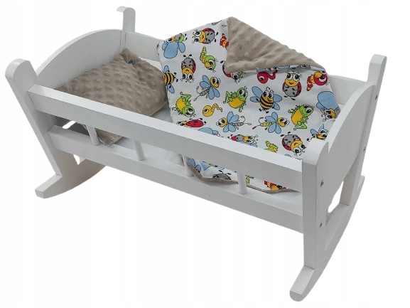 KOŁYSKA DLA LALEK BIAŁA Z POŚCIELĄ. KOŁYSKA DREWNIANA
