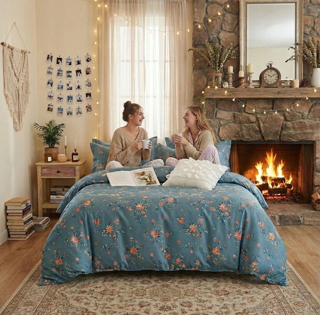 3dílná sada povlečení na peřinu Teal Peach Blossom 100% bavlna do ložnice 160×200 cm