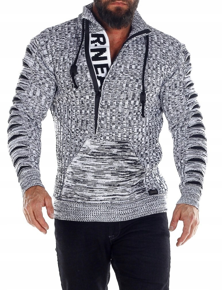 Pánský svetr Se Stojáčkem Rozpínací Tlustý Rolák na zip Šedý XXL