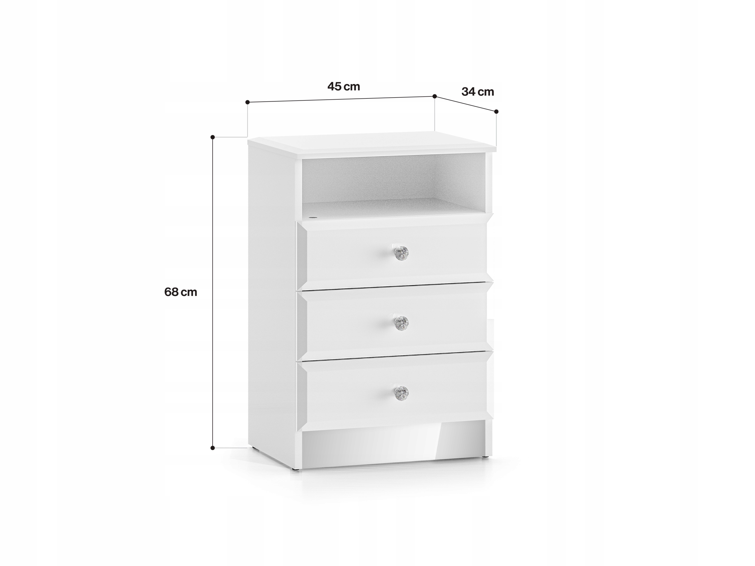 WYSOKA NOWOCZESNA SZAFKA NOCNA STOLIK NOCNY DO SYPIALNI TRZY SZUFLADY GLAM Głębokość mebla 34 cm