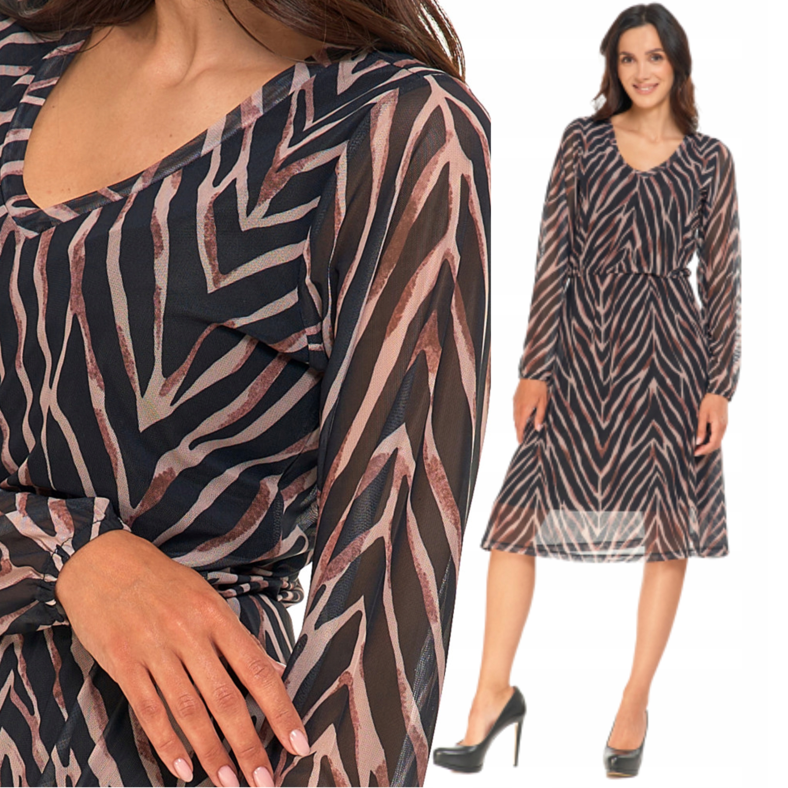 Sukienka Damska MIDI Z Długim Rękawem Zwierzęcy Wzór Moraj R.s