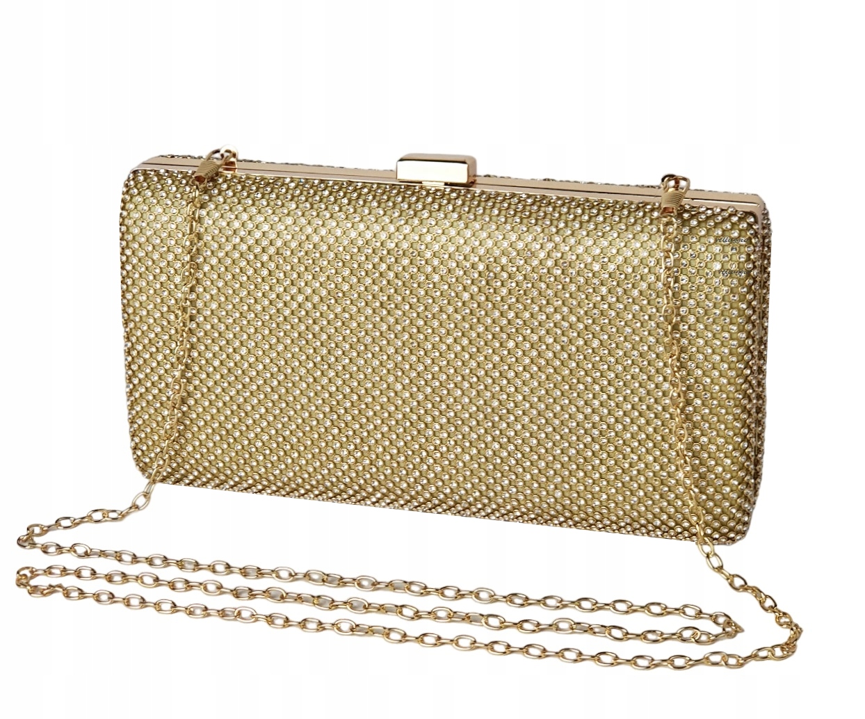 KOPERTÓWKA TOREBKA DAMSKA WIECZOROWA NA WESELE ŁAŃCUSZEK CYRKONIE ZŁOTO