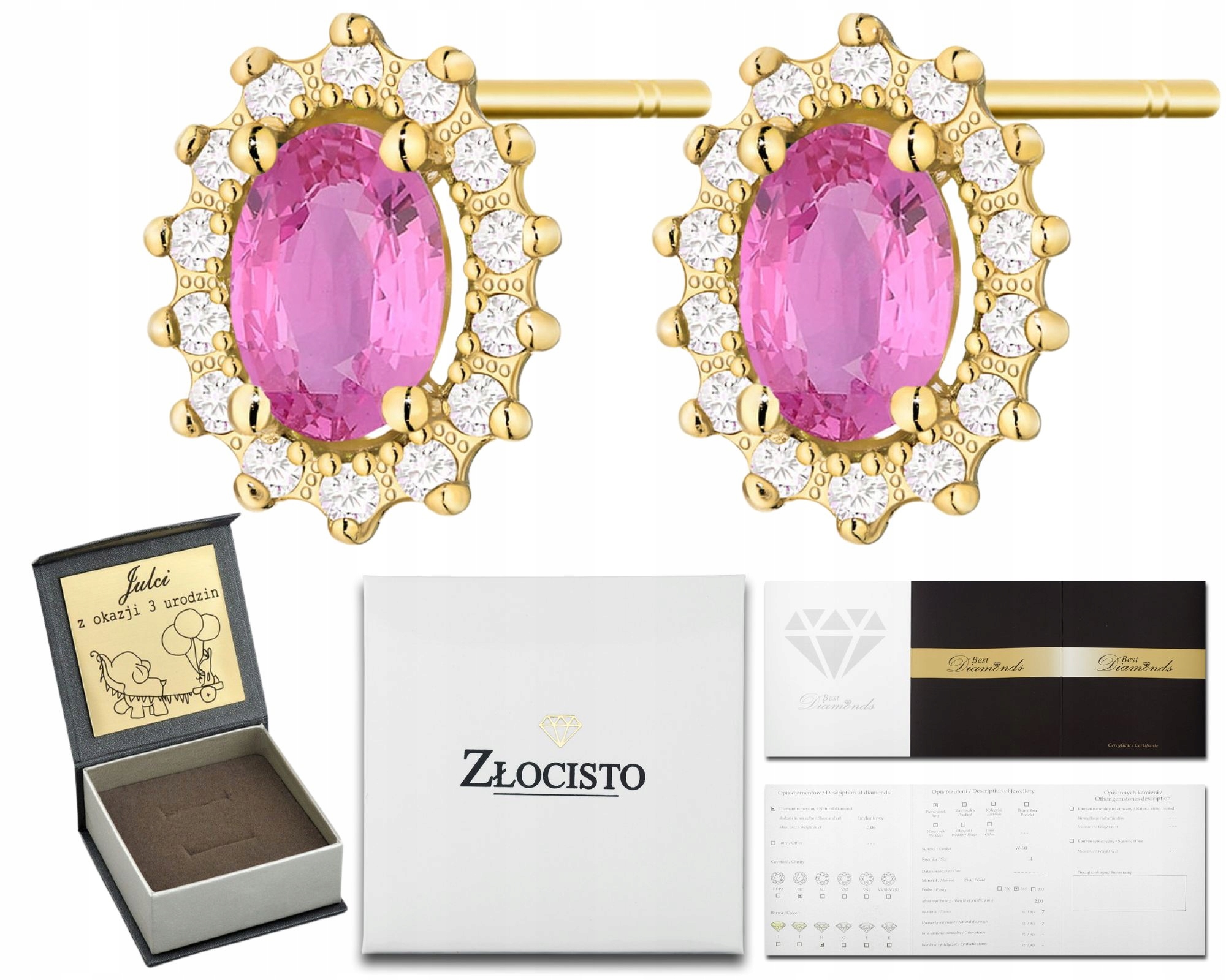 Zlaté Náušnice Růžové Safírové Brilianty Na Tyči Zlato 585 Jako Dárek