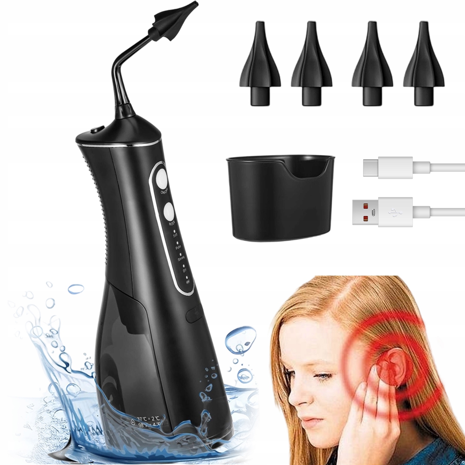 Elektryczny Irygator Do Uszu 4 Poziomy Ciśnienia Wody Zbiornik 300ML IPX7