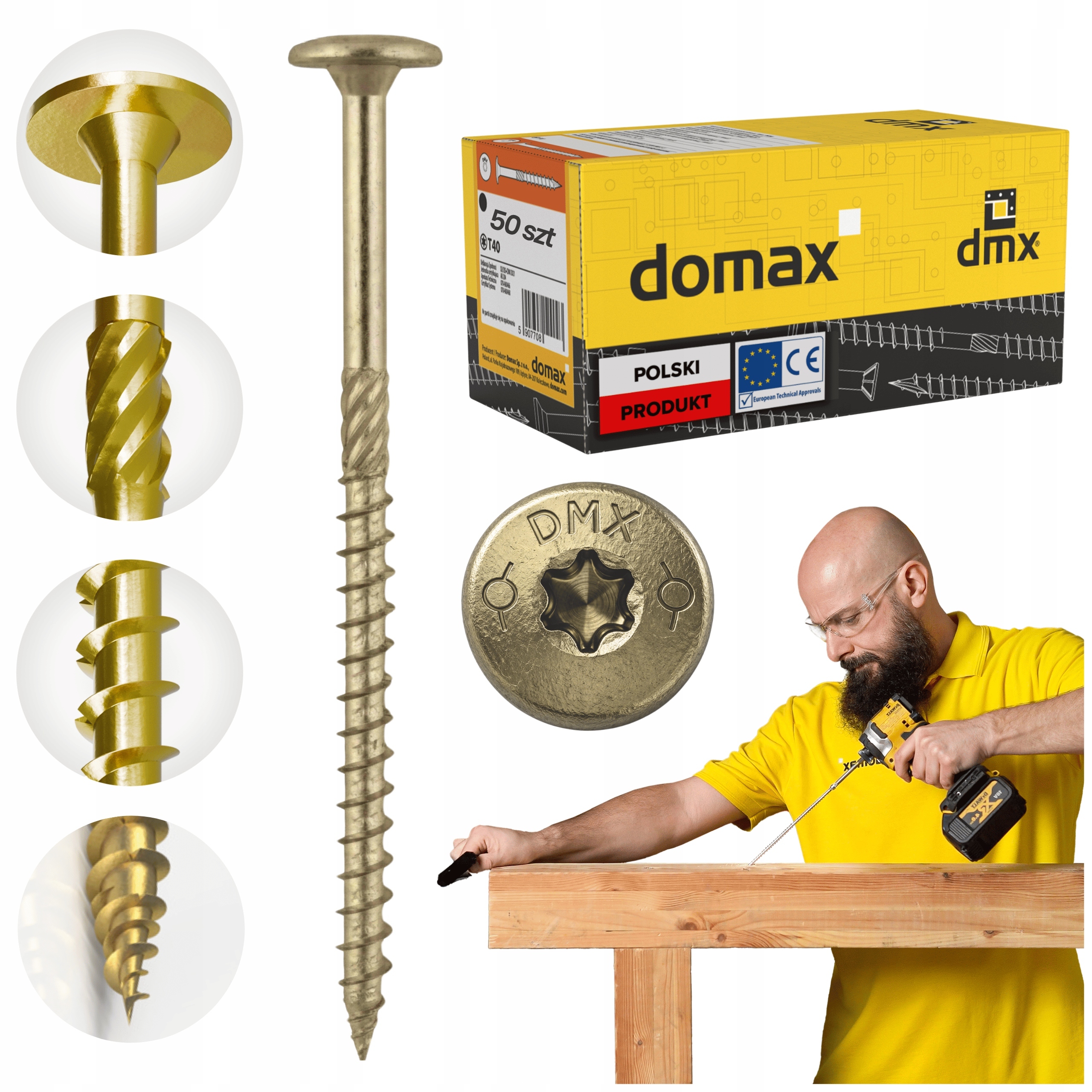 Tesařské Vruty 8x320 Talířové Torx 50 ks Do Dřeva Domax Ct Zlaté
