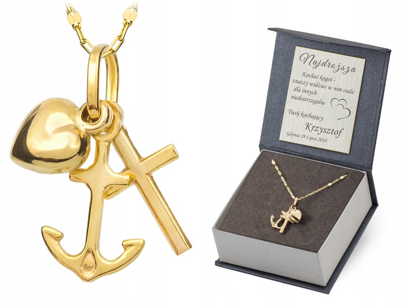 Zlatý Komplet pr. 585 Řetízek 42 cm a přívěsek Víra Naděje Láska 14k