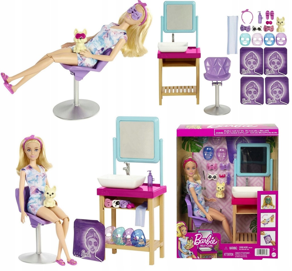 Barbie Domowe Spa Salon piękności Zestaw Lalka+ akcesoria piesek HCM82-Zdjęcie-0
