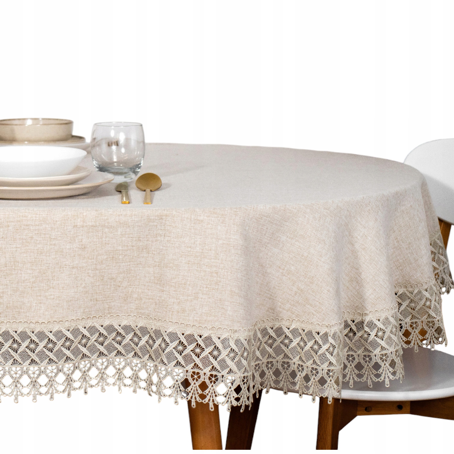 Obrus owalny Z Gipiurą gładki beżowy na stół plamoodporny 130x180