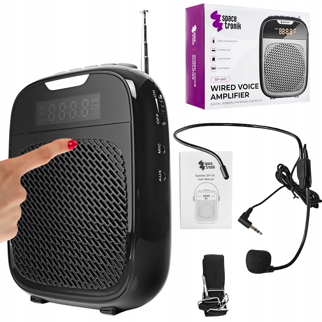 Kabelový zesilovač hlasu Mikrofon 10W 38h Provoz Spacetronik Fm rádio