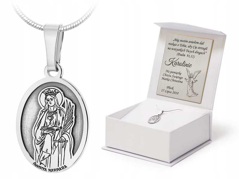 Stříbrný Náhrdelník 60 cm pr 925 Medailon Svatá Barbora Gravírování