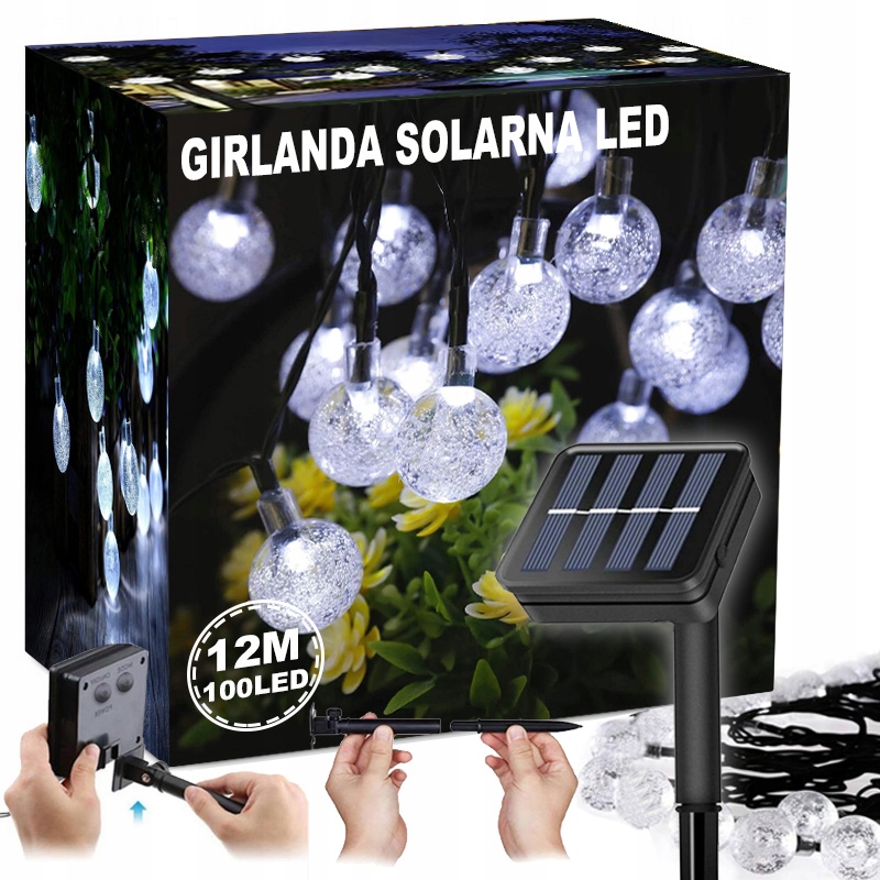 GIRLANDY SOLARNA LAMPKI SOLARNE 100LED 12M OGRODOWE SZKLANE DŁUGA ŚWIETLNA