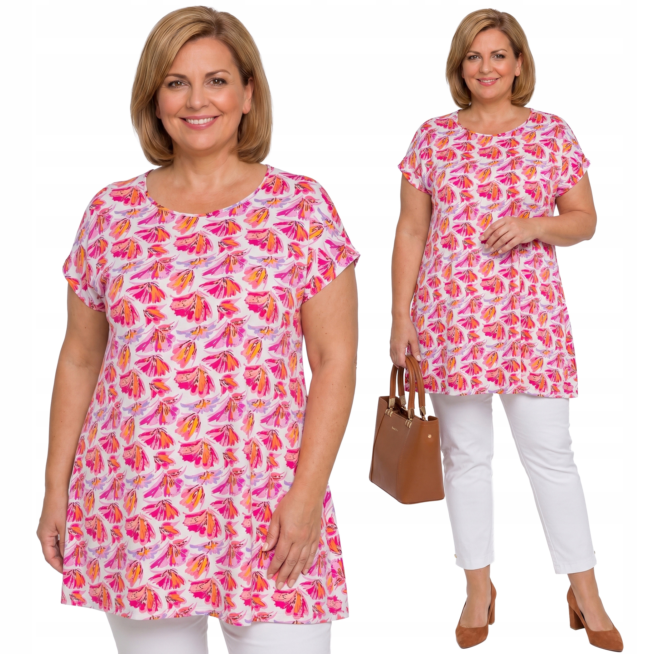 Bílá tunika růžovo-oranžové květy plus size velikost 52