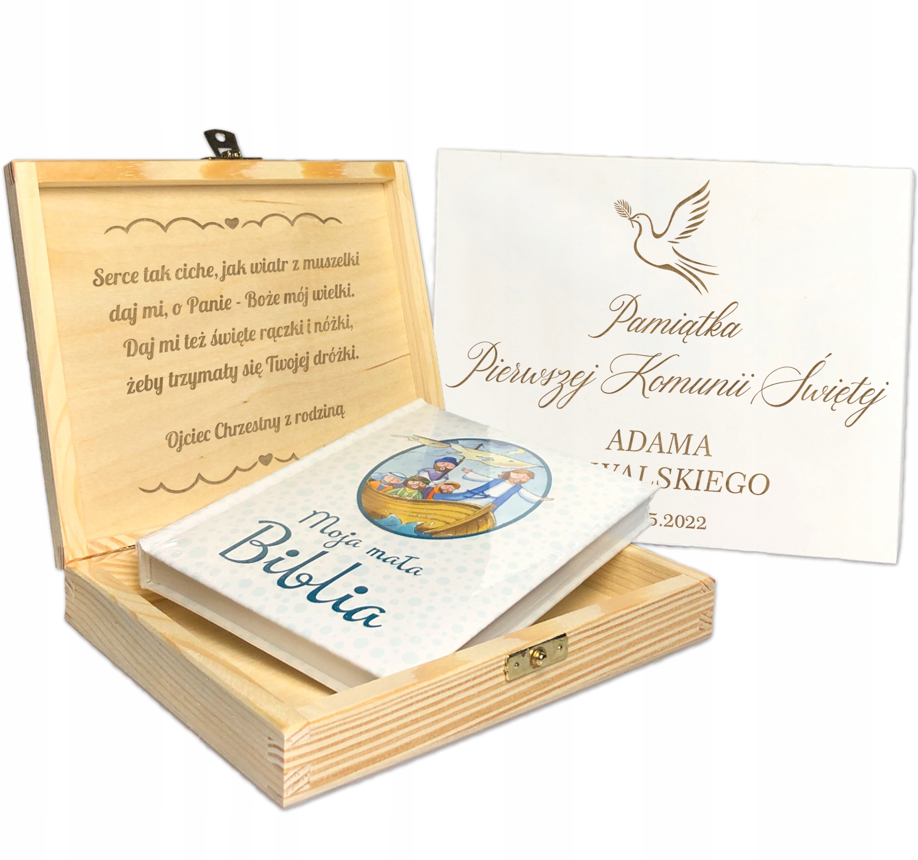 PREZENT NA CHRZEST KOMUNIĘ BIBLIA W DREWNIANYM PUDEŁKU Z WŁASNYM GRAWEREM