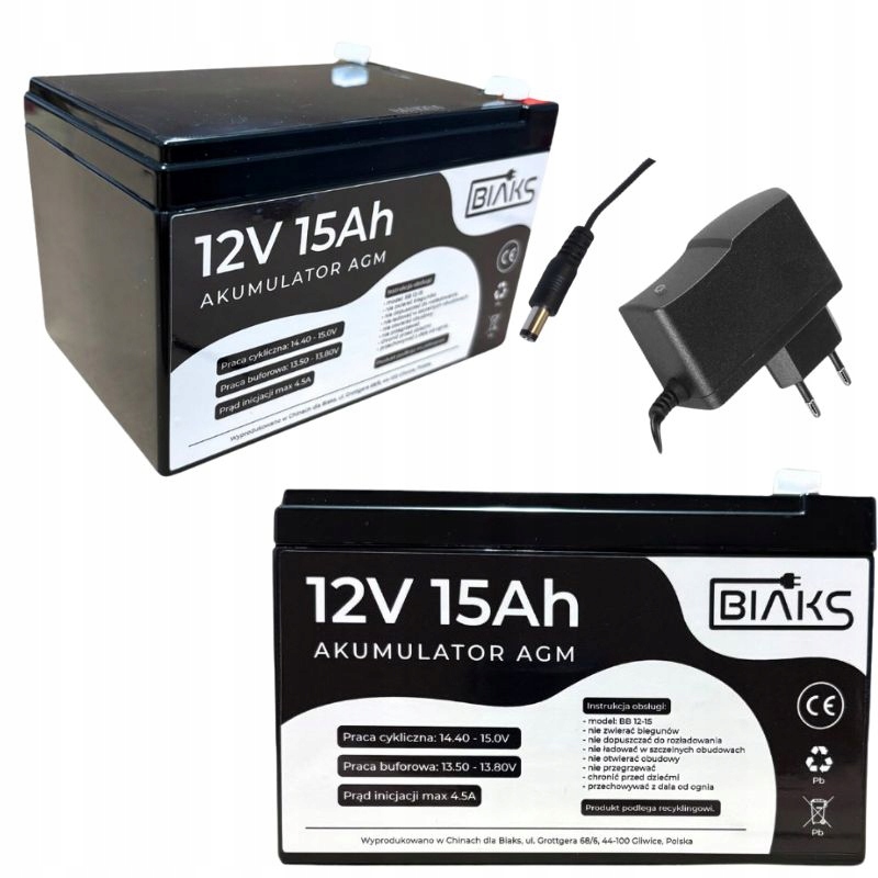 Akumulator Agm 12V 15Ah Biaks (wymiar 10Ah 12Ah 14Ah)komplet ładowarka Wtyk