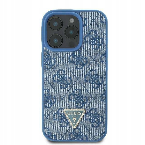 Pouzdro Guess Leather Metal Logo Strass Crossbody pro iPhone 16 modré
