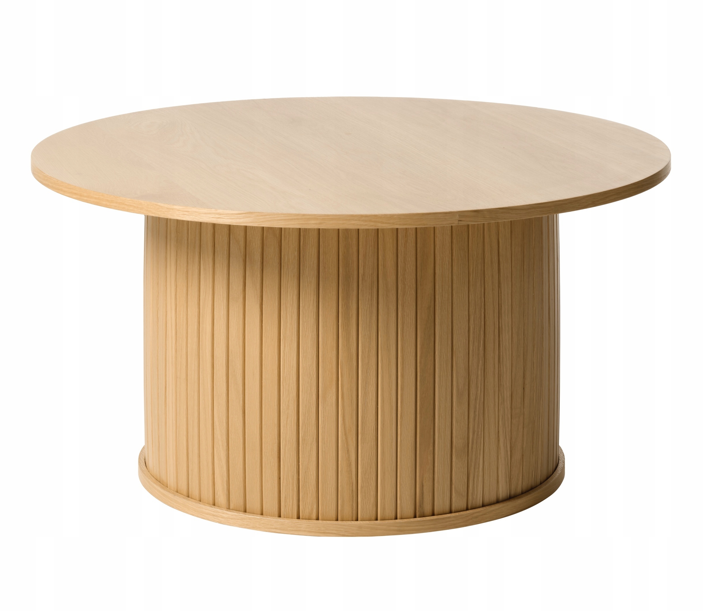 Kulatý dřevěný stolek Gativel 90 cm s kulatou základnou, lamely, dub