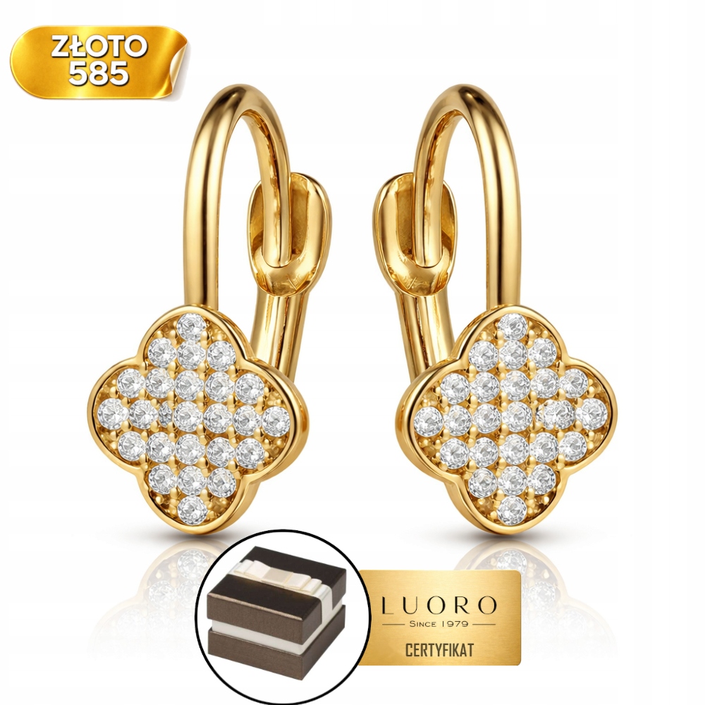 Náušnice Zlaté 585 14K Čtyřlístek Zirkon Anglické Zapínání 15 MM