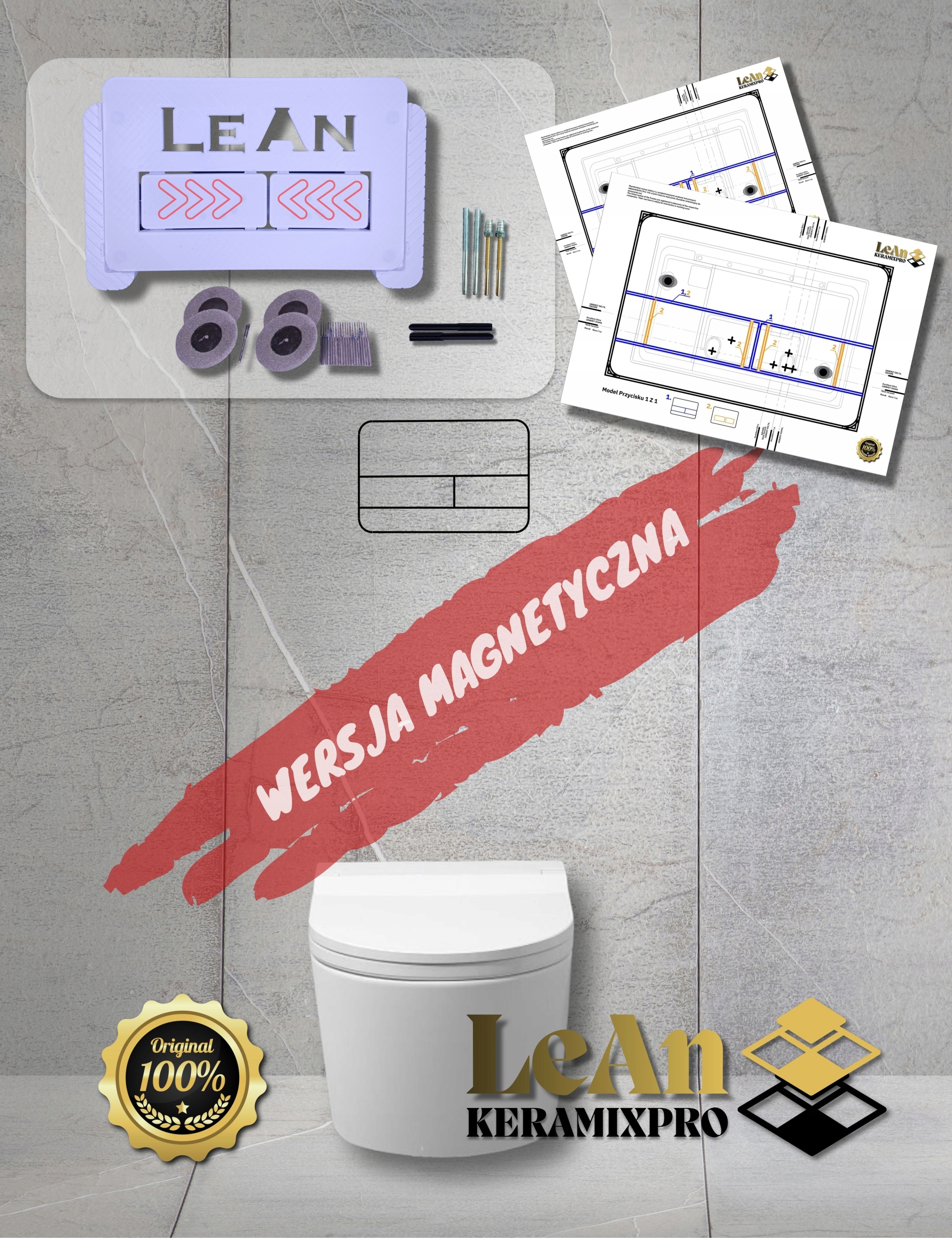 Skrytý splachovací gombík úzky magnetický, biely pre svetlé dlaždice