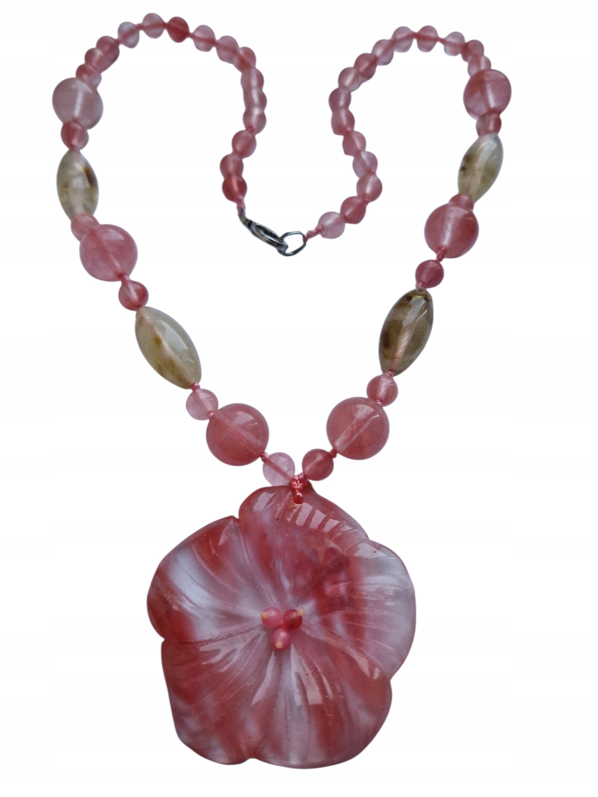 Vintage Křemenný Melounový Náhrdelník S Přívěskem Lotosového Květu Agnihara Dobrá Aura