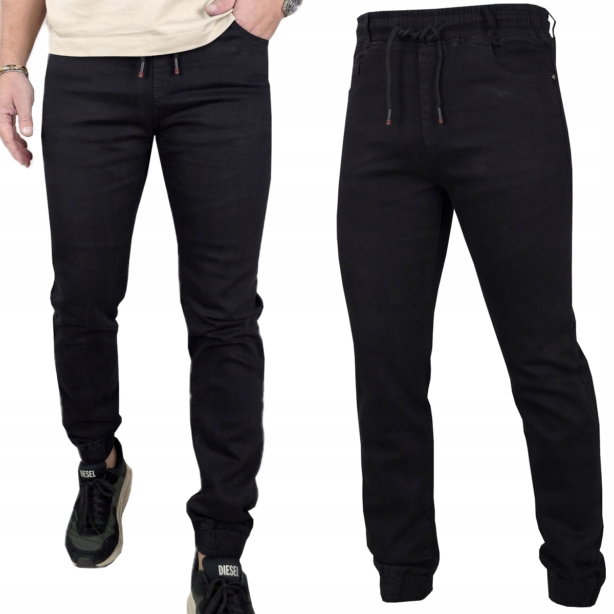Spodnie Męskie Czarne Jeansowe długie Joggery mocne Pas Z Gumką XL