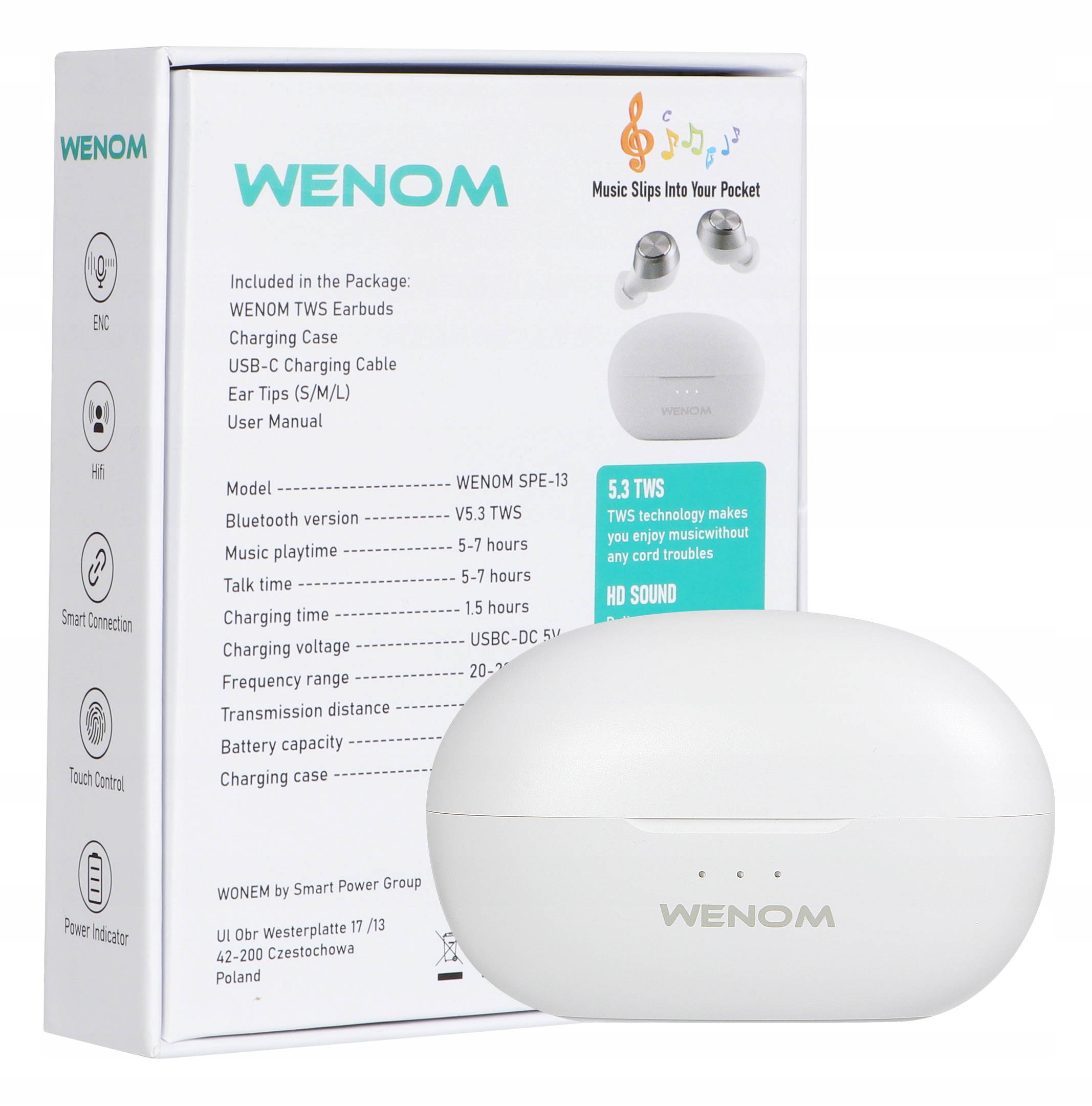 SŁUCHAWKI BEZPRZEWODOWE DOKANAŁOWE SPE-13 BLUETOOTH WODOODPORNE 2 mikrofony Kolor dominujący czarny