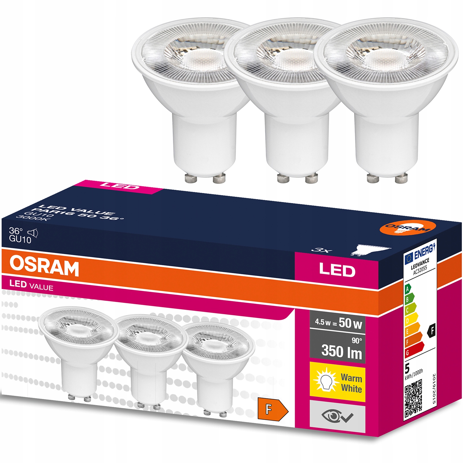 

3x Żarówka Led GU10 4,5W 50W 350lm 3000K 36° Osram