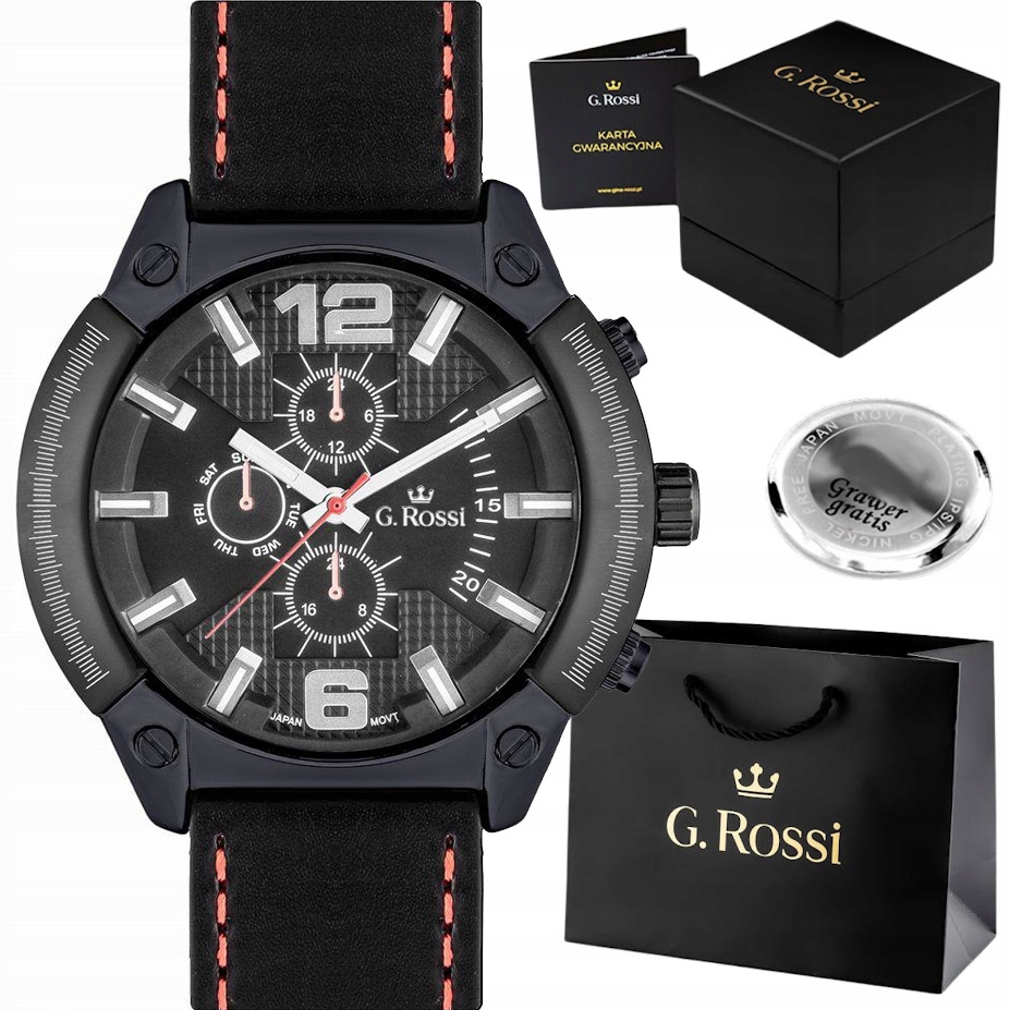 Velké pánské hodinky G. Rossi – kožený řemínek – pevná Krabička Gravírování