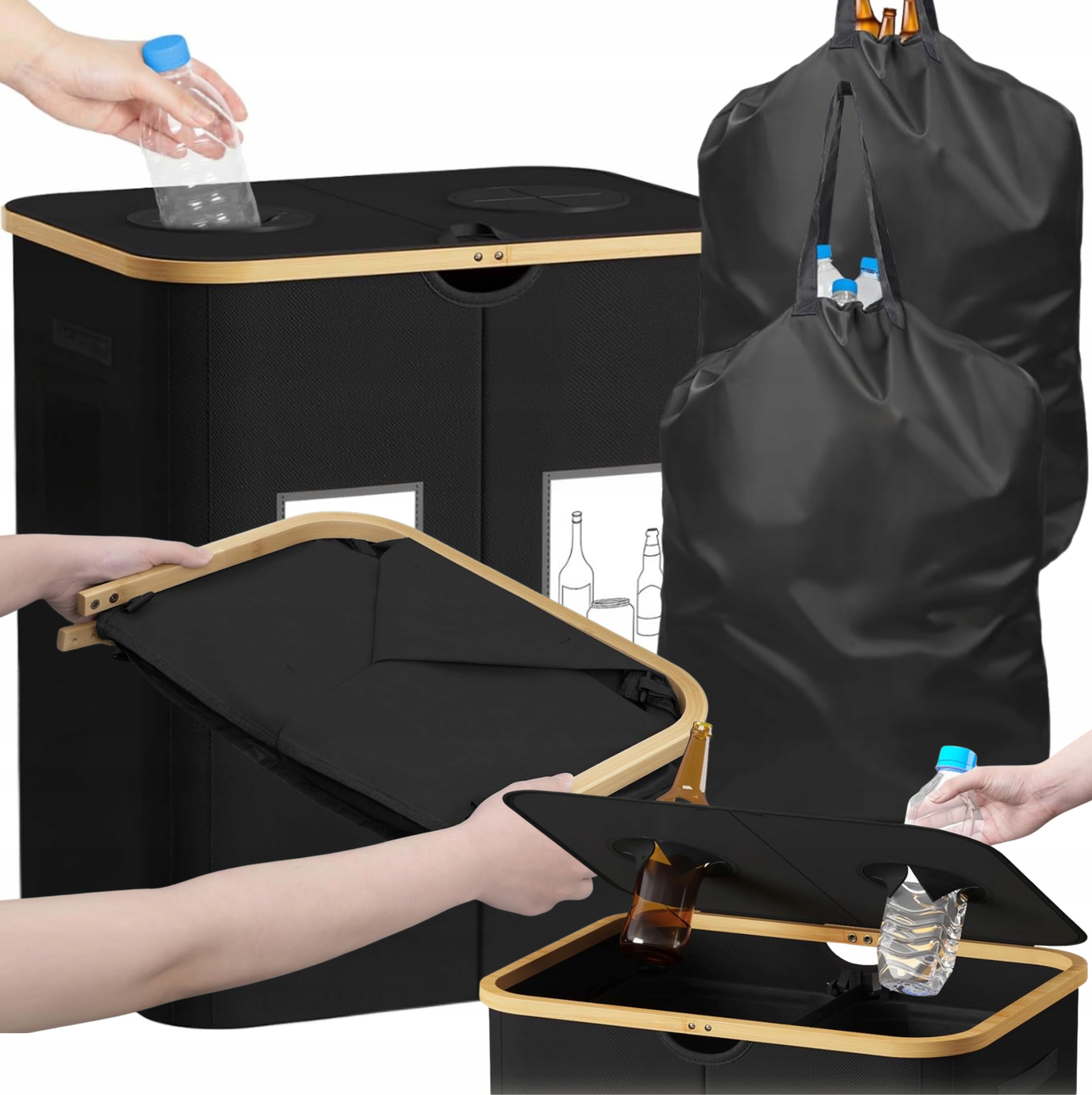 Skládací Koš 120L 2 Komory Sklo Plechovky Plastové Lahve 2 Sáčky 120L