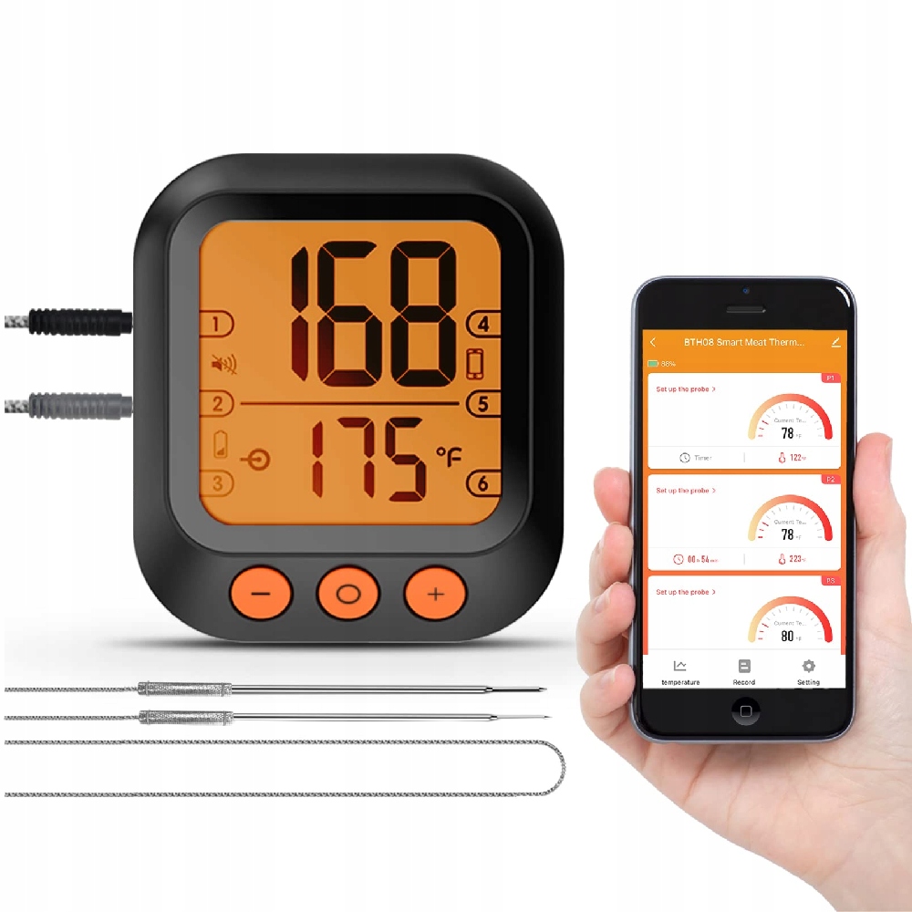 Bluetooth Bezprzewodowy Termometr za App 2x Sonda od -30°C do 300°C LCD 80m