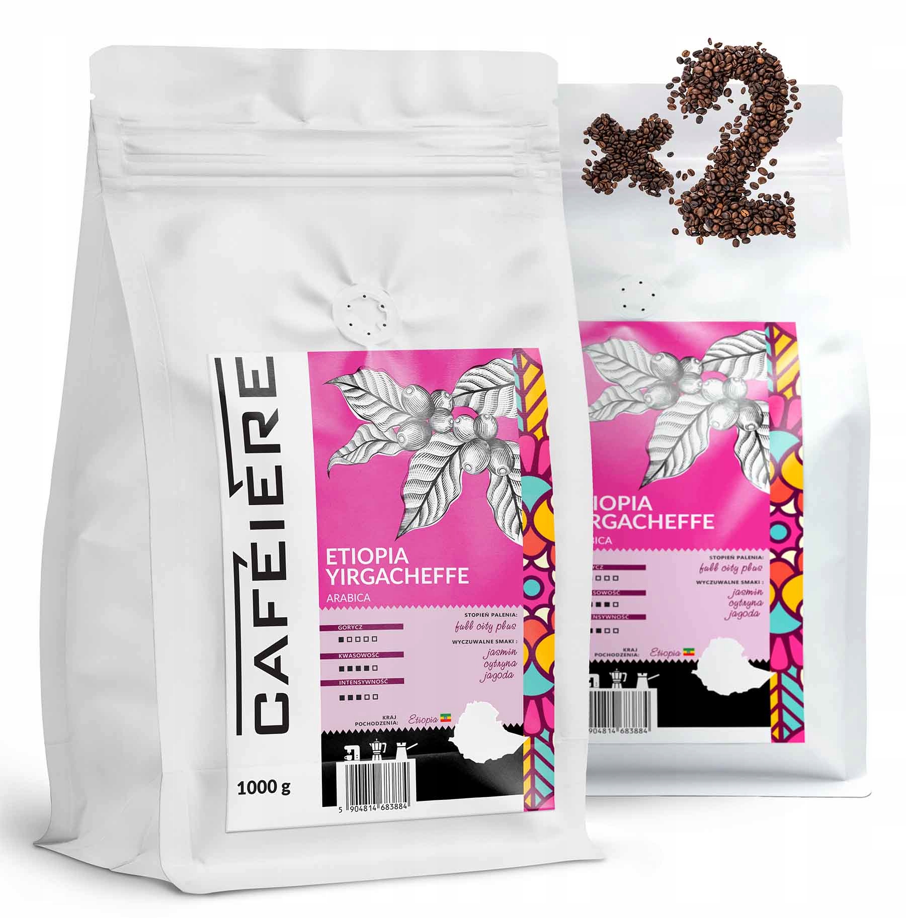 Levně Káva zrnková Etiopia Yirgacheffe 1kg x2 Čerstvě pražená Arabica 100%