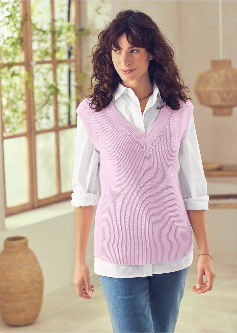 SA12 KAMIZELKA JESIENA DZIANINOWA CIEPŁA Z DEKOLTEM BONPRIX 40/42 RÓŻOWA Rozmiar 40