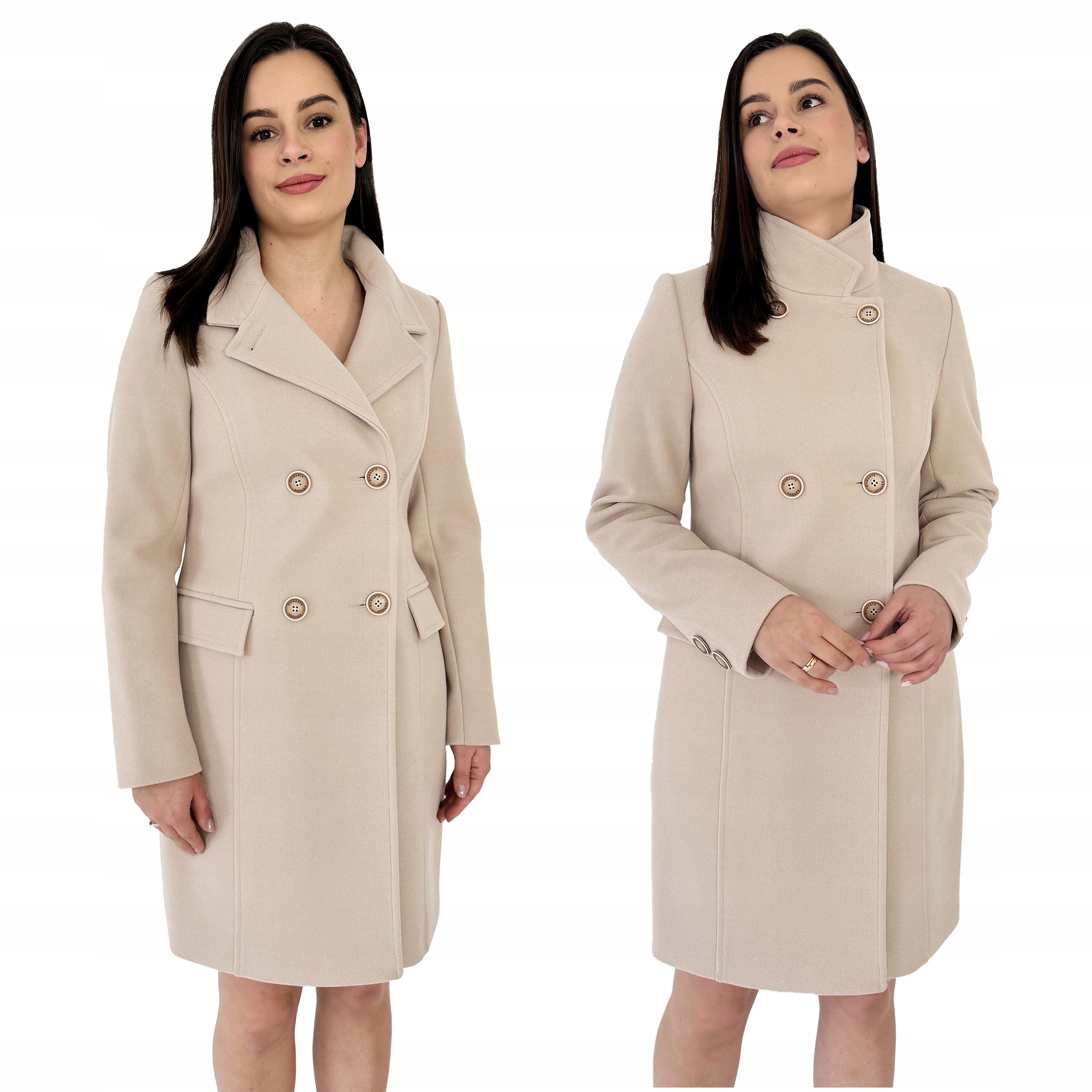 Jarní elegantní dvouřadý dámský kabát před kolena Béžový 44