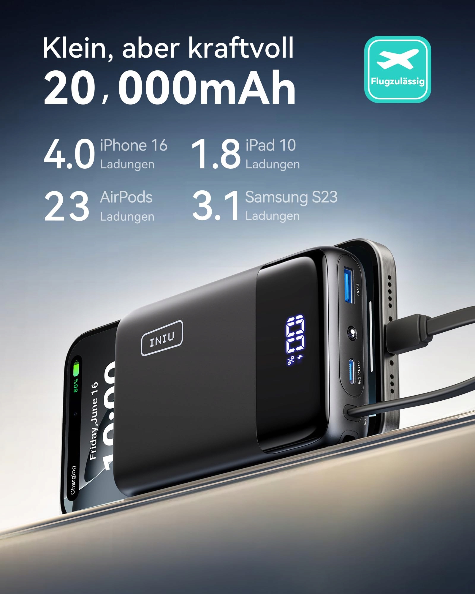 INIU Power Bank 20000mAh 45W USB-C PD QC iPhone Samsung — miniatura 5