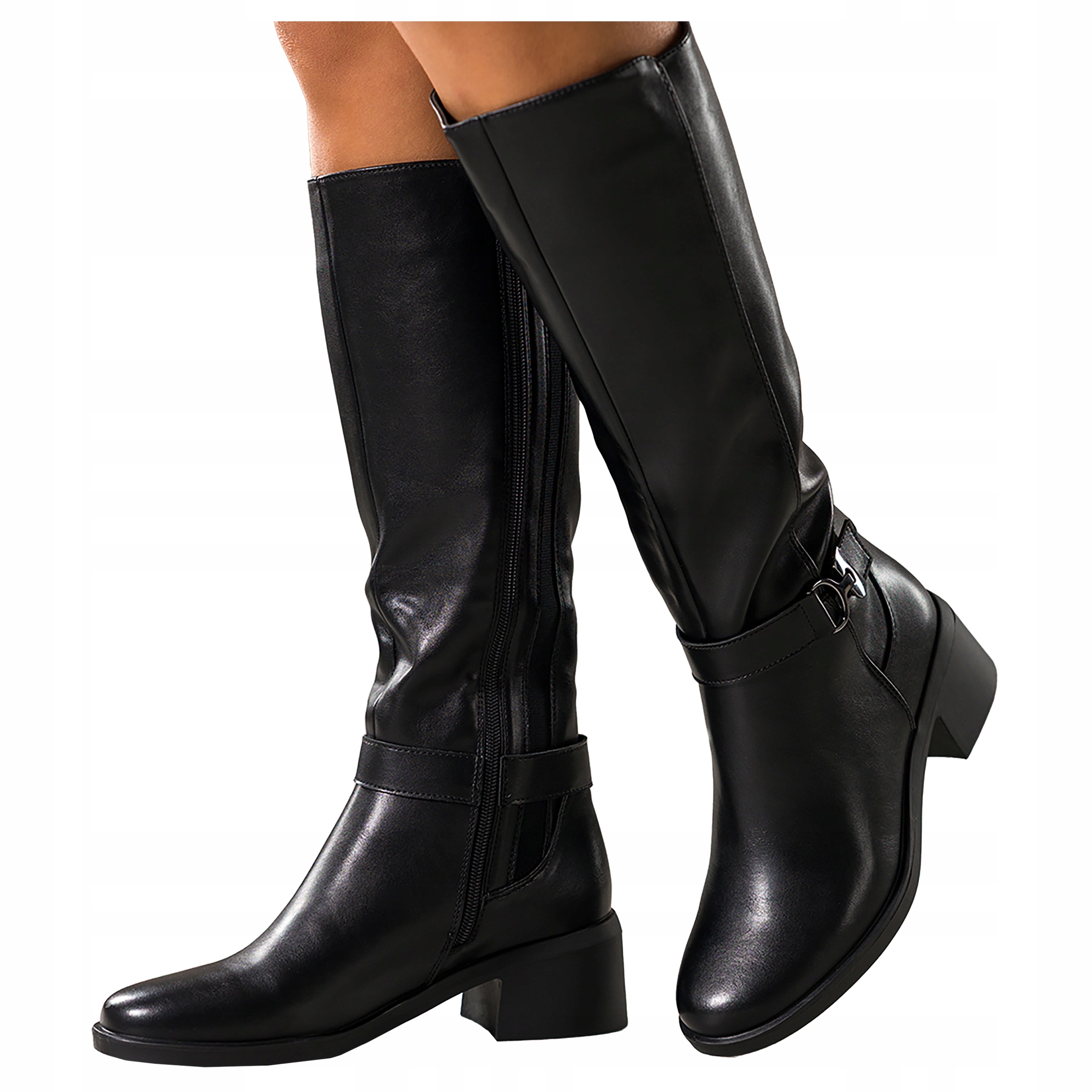 Černé Dámské Kozačky Pohodlné Nízký Blokový Podpatek Pásek s Ozdobou Moderní vel. 38