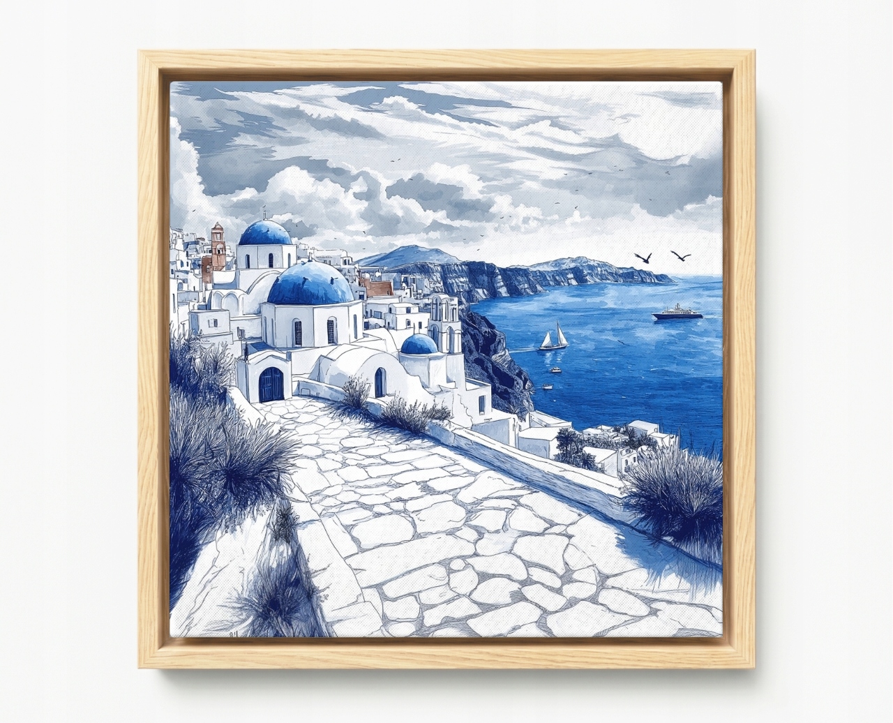 Obraz Rám American Box Řecko Santorini Moře Kostel Modrý 50x50