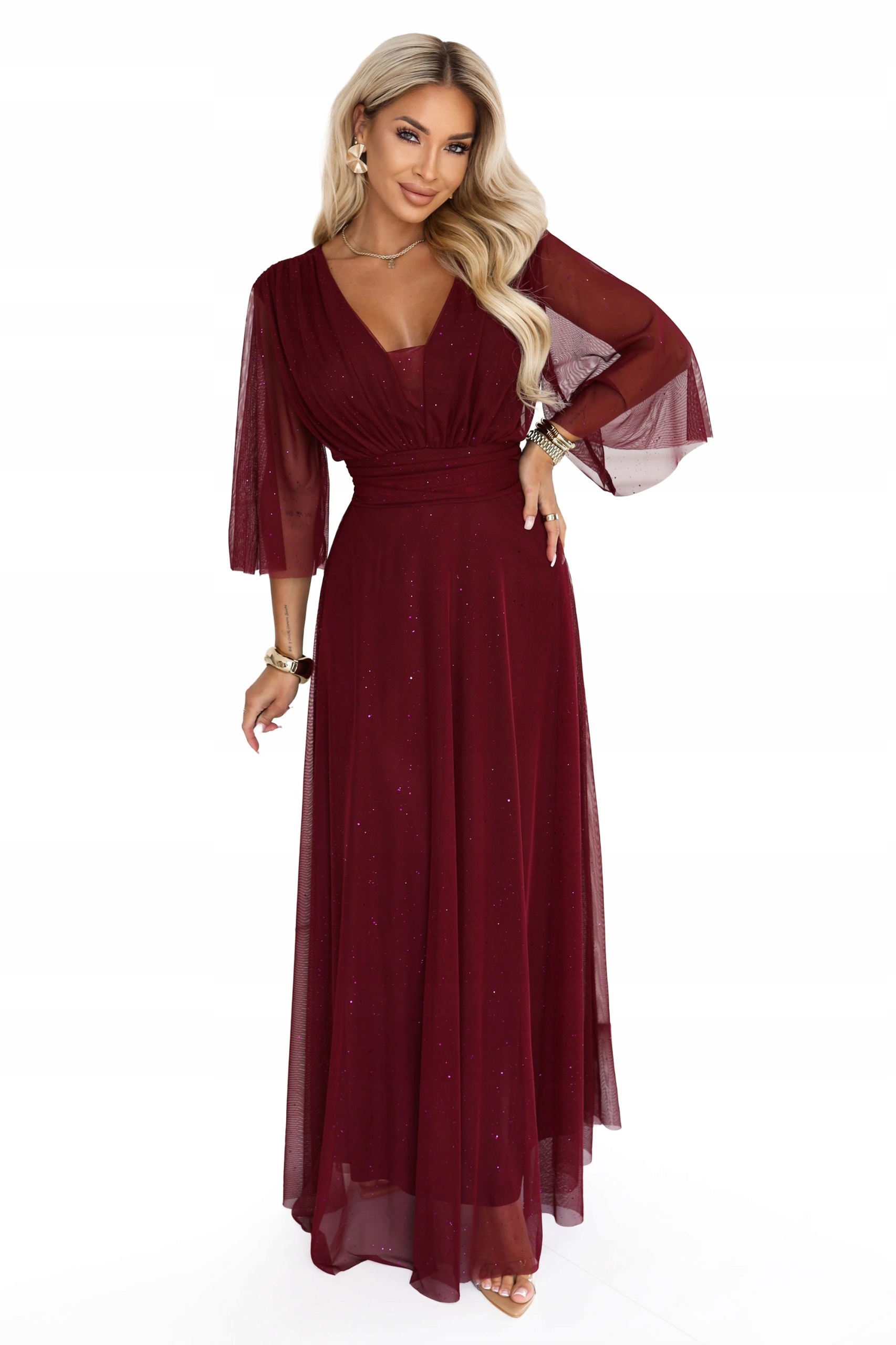 Bordó Dlouhá lesklá Šaty Plus Size s výstřihem